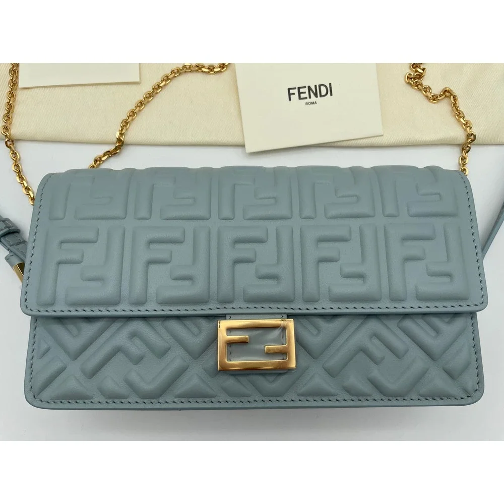 BRAND NEW FENDI LEATHER NAPPA FF BLUE BAGUETTE CHAIN BAG PURSE BOX NIB! - Picture 6 of 16